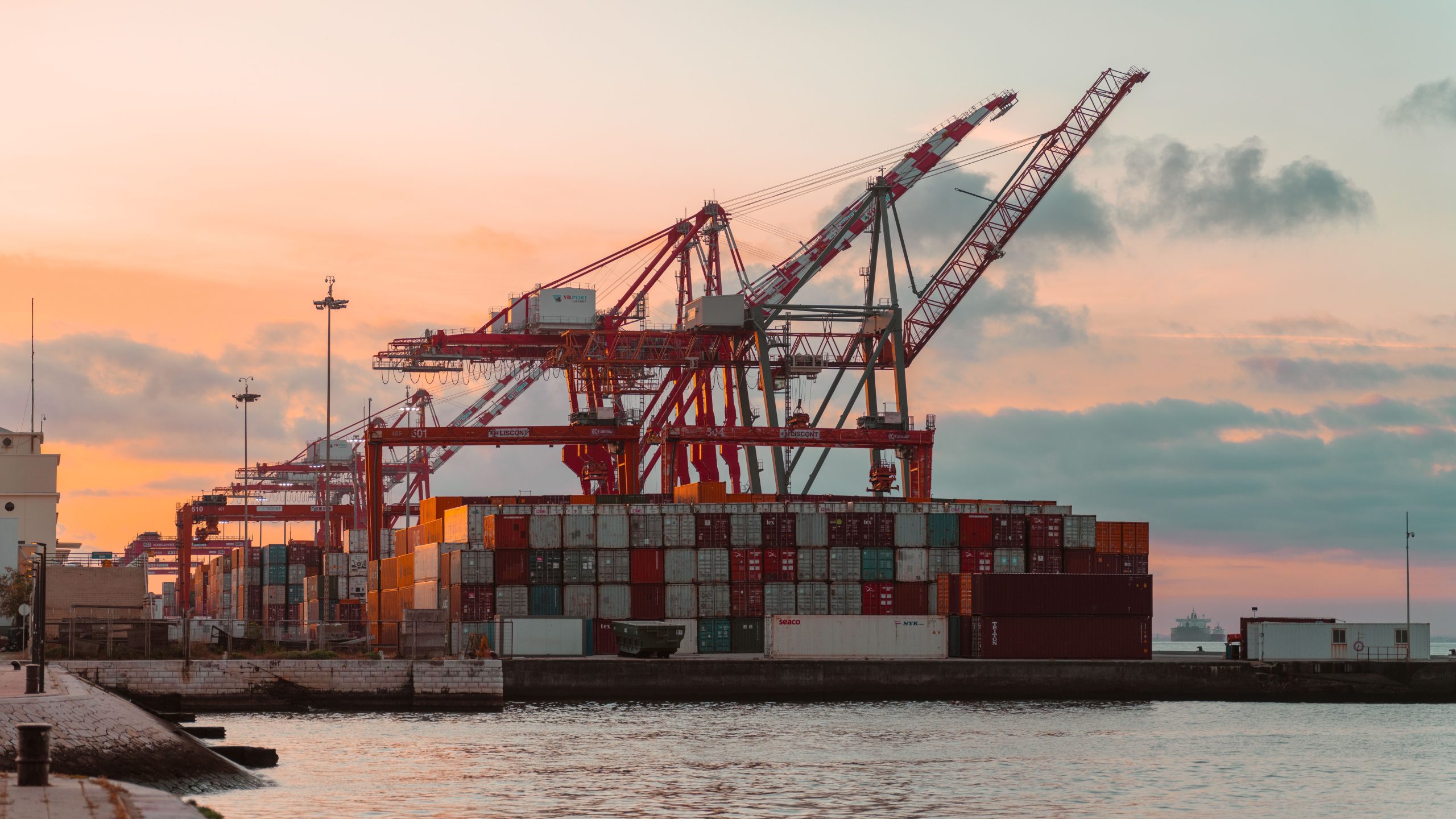 Grues de conteneurs au port pendant le coucher de soleil