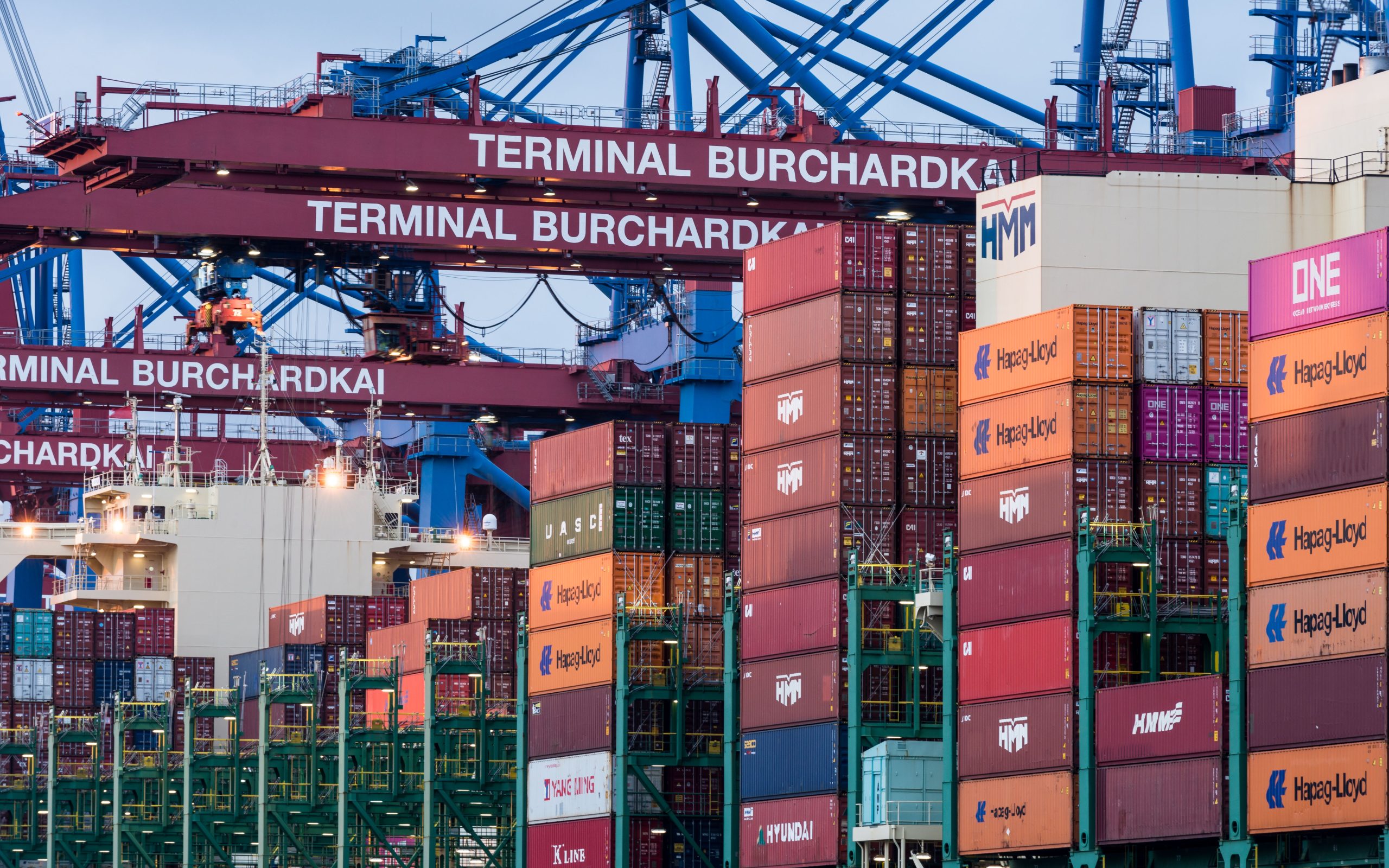 Conteneurs maritimes et grues au port de Hambourg