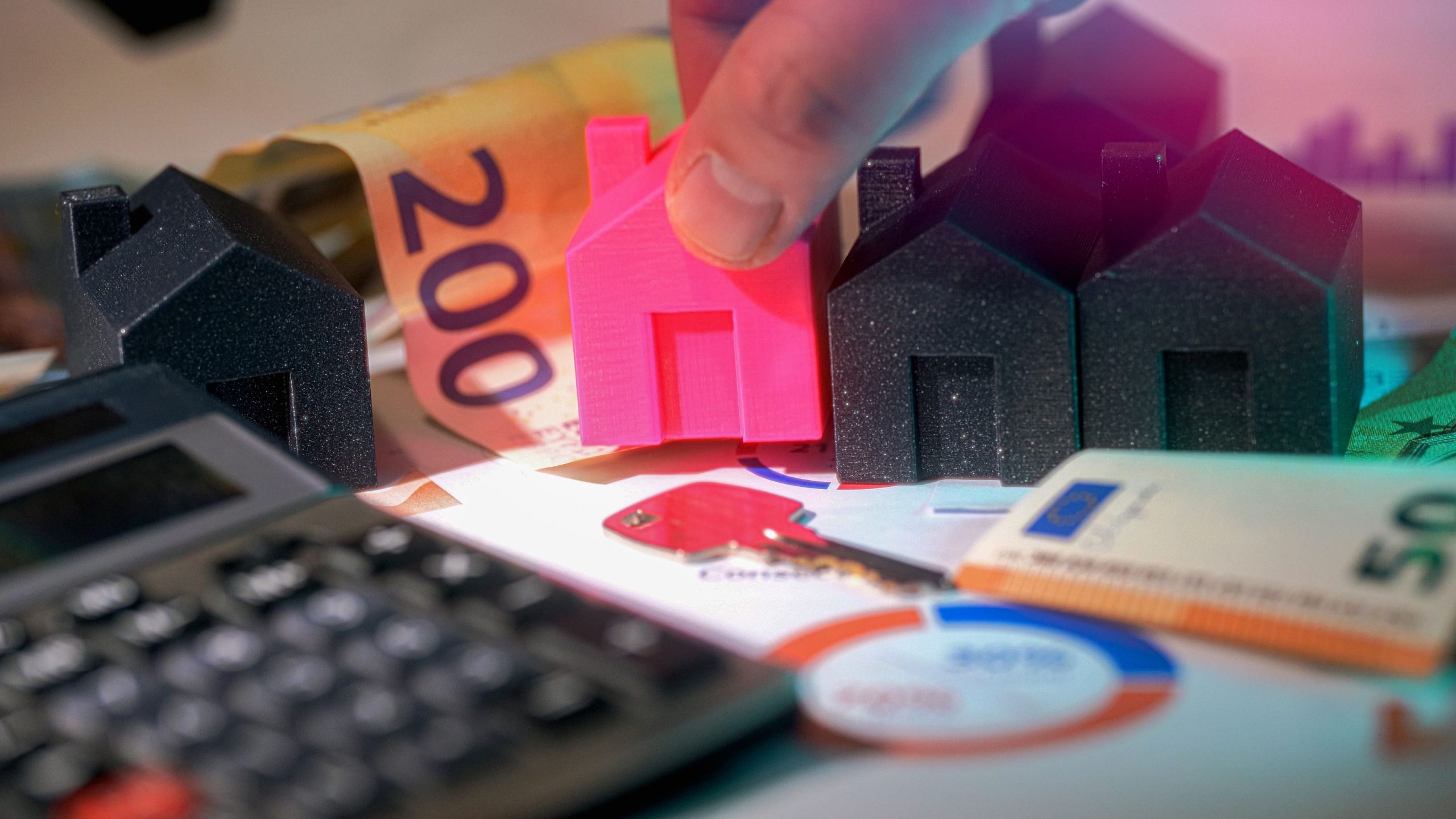 Maisons miniatures billets euros calculatrice investissement