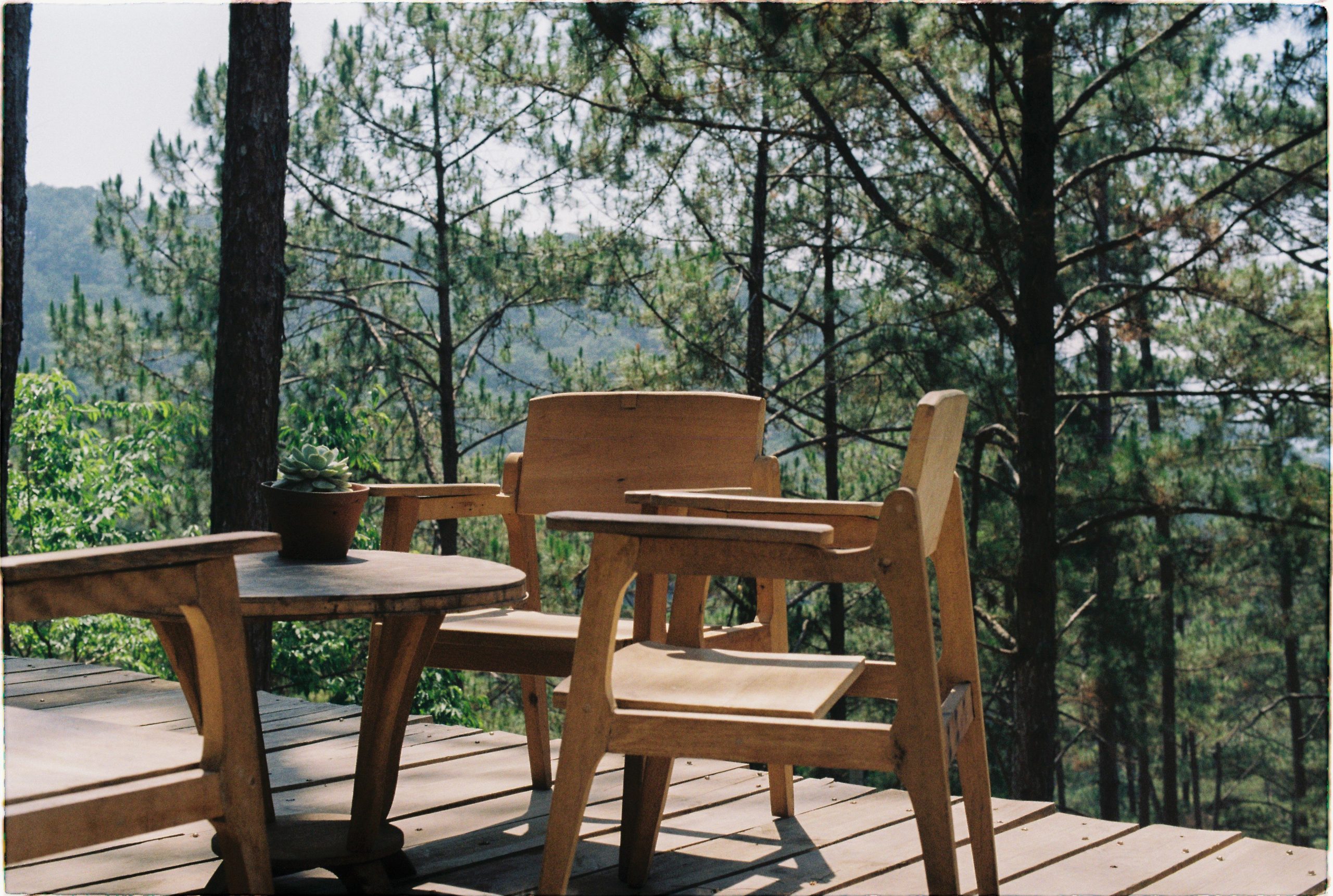 Terrasse en bois avec chaises face à la forêt